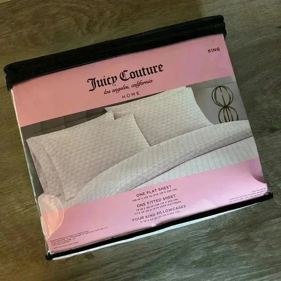 Juicy Couture Home King Sheet Set Pink and White All Over Logo and Crown NWT - Picture 2 of 7